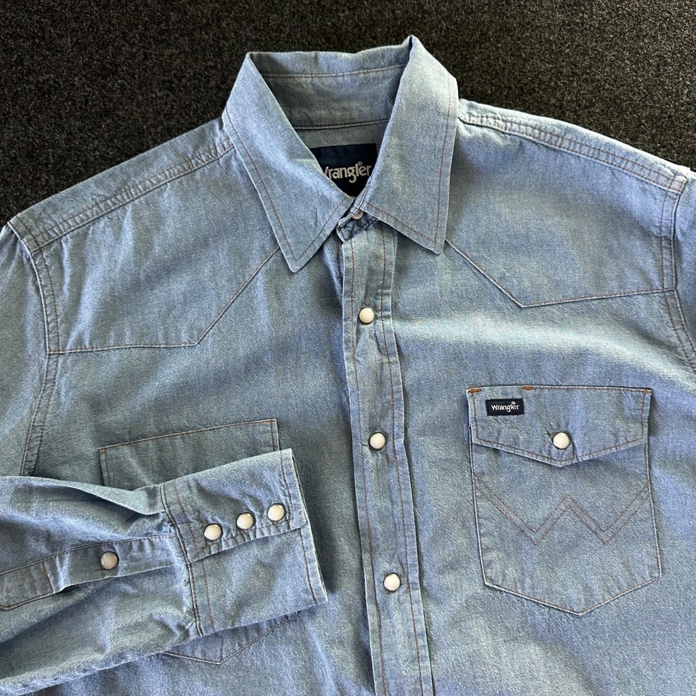 Wrangler Mens Western Denim Pearl Snap Shirt Light Wash Raw Hem Large MS709CH